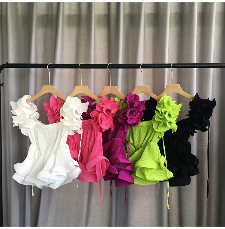 Pleated Chiffon Square Collar Ruffles Strap Tops