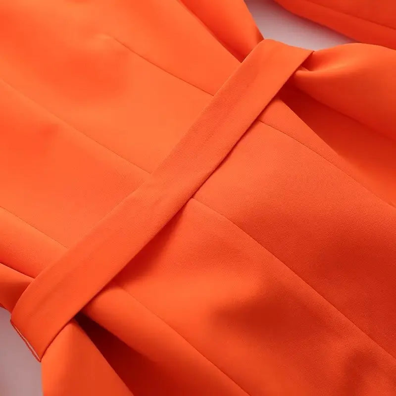 Long Sleeve Belt Bow Blazers Suit Coat Chic Female High Waist Trousers Two Piece Sets