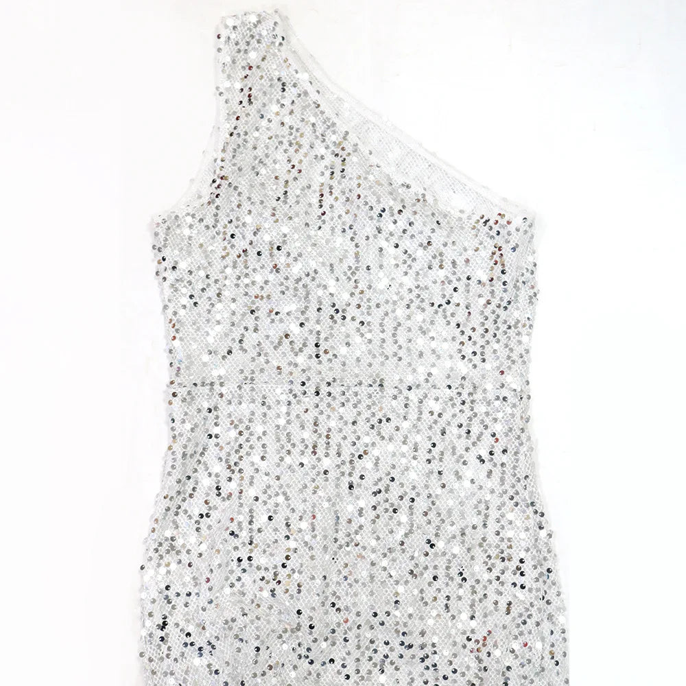 Sequined Sleeveless Cut Out One Shoulder High Split Midi Long Maxi Dress