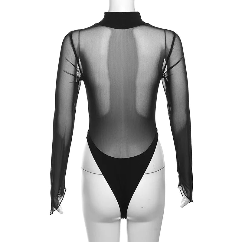 Sheer Mesh Patchwork Cyber Y2k Bodysuits Hollow Out Moto Biker Bodycon Gothic Punk Long Sleeve Bodysuit