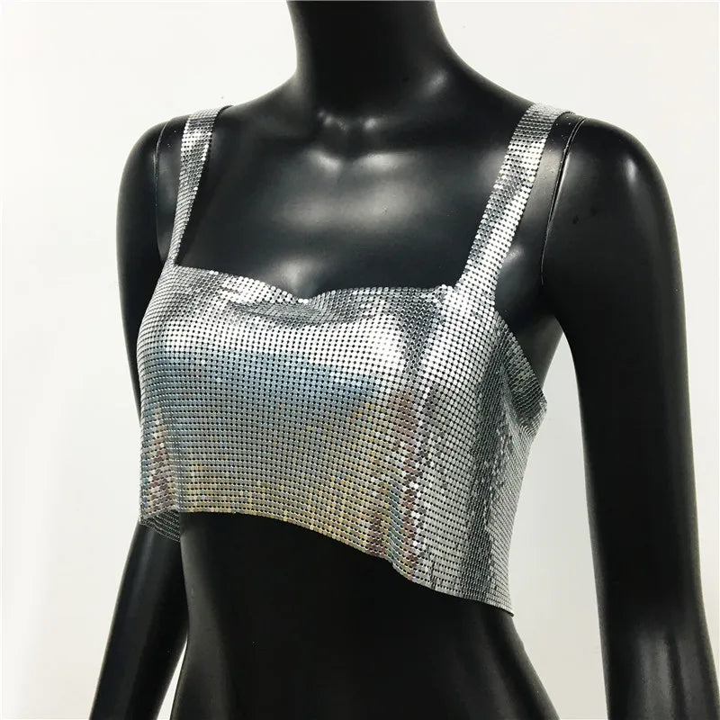Bling Metallic Sequin Crop Top y2k Backless Straps Cropped Top