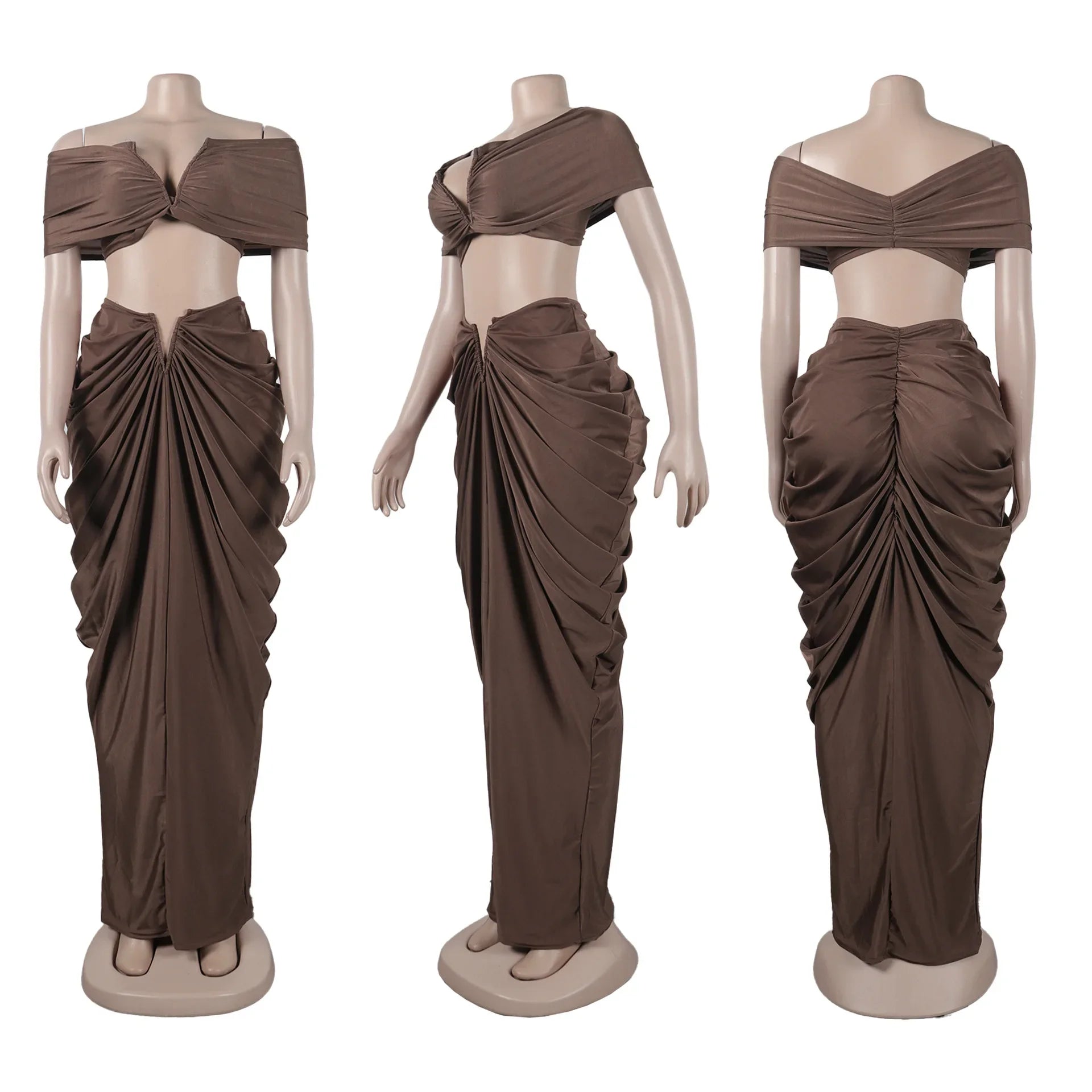 Stacked Ruched Off Shoulder Crop Top and Low Waist Maxi Long Skirts Two Piece Sets