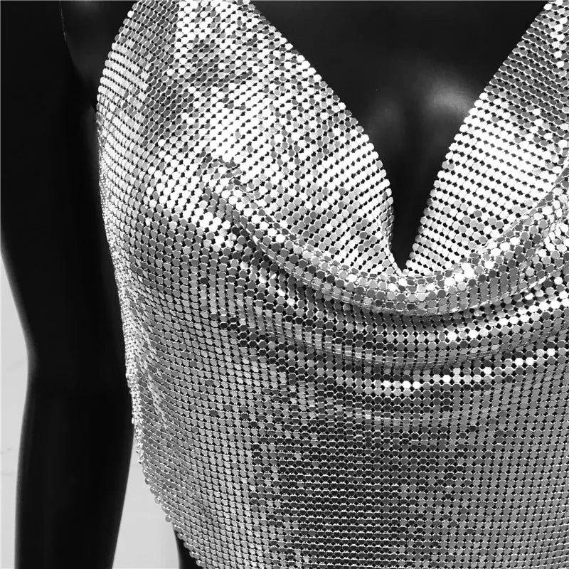 Metal Sequins 2 Piece Set Backless Halter Tank Tops Split Mini Skirts