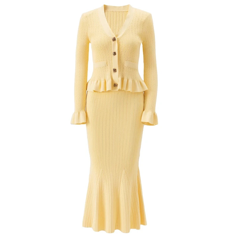 Knitted Elastic Button V-neck Long Sleeved Cardigan Slim Fit Fishtail Skirt Two Piece Set