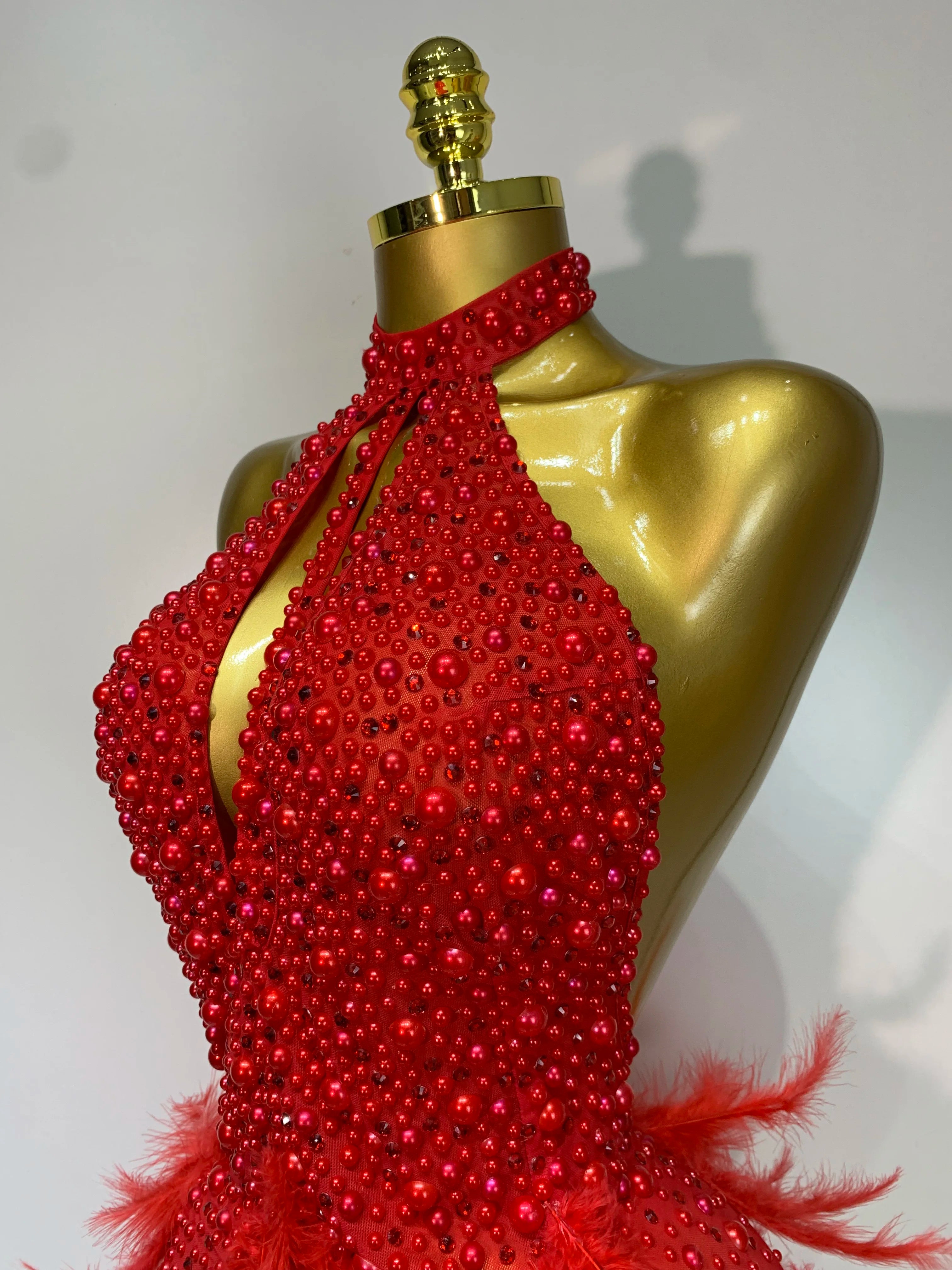 Luxury Rhinestones Pearls Halter Backless Short Feathers Dress