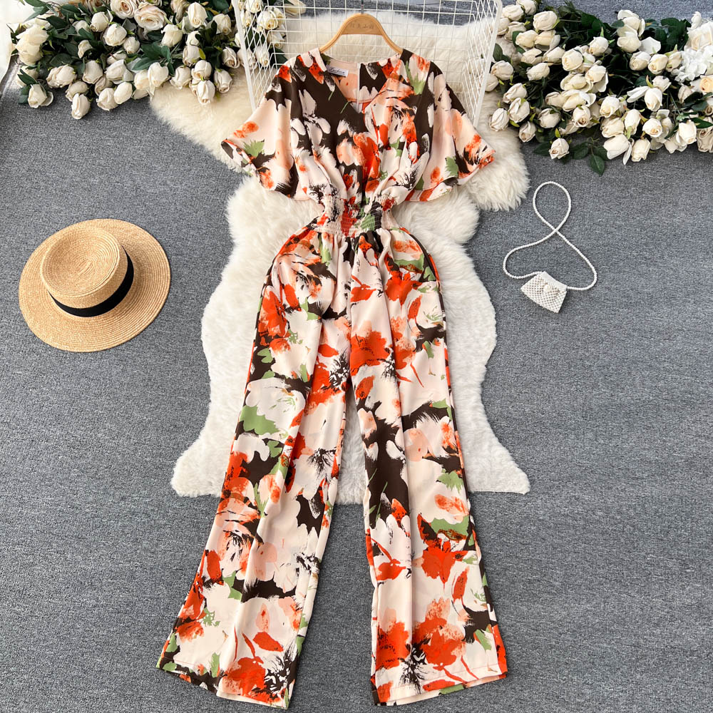 Floral V Neck Jumpsuits Retro Long Rompers