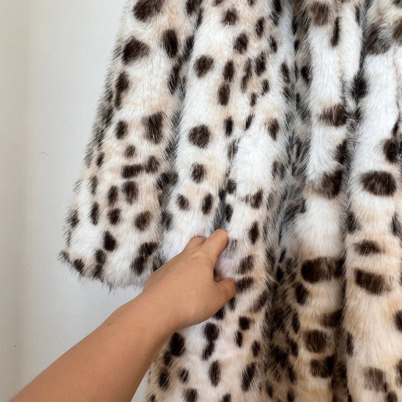 Long Belted Leopard Faux Fox Fur Coat Stylish Street Fashion