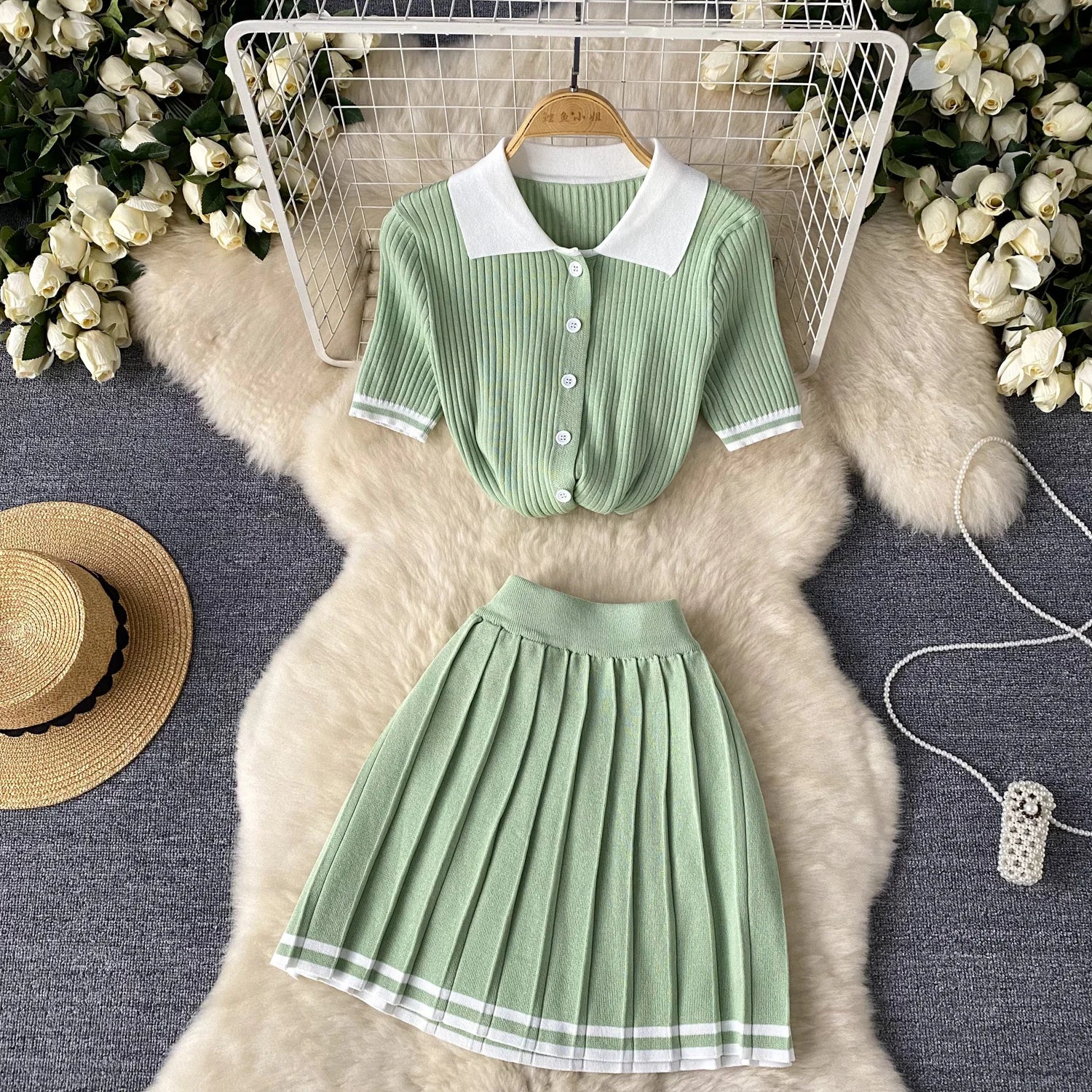 Short Sleeve Shirt+Pleated Skirt Two pcs Set