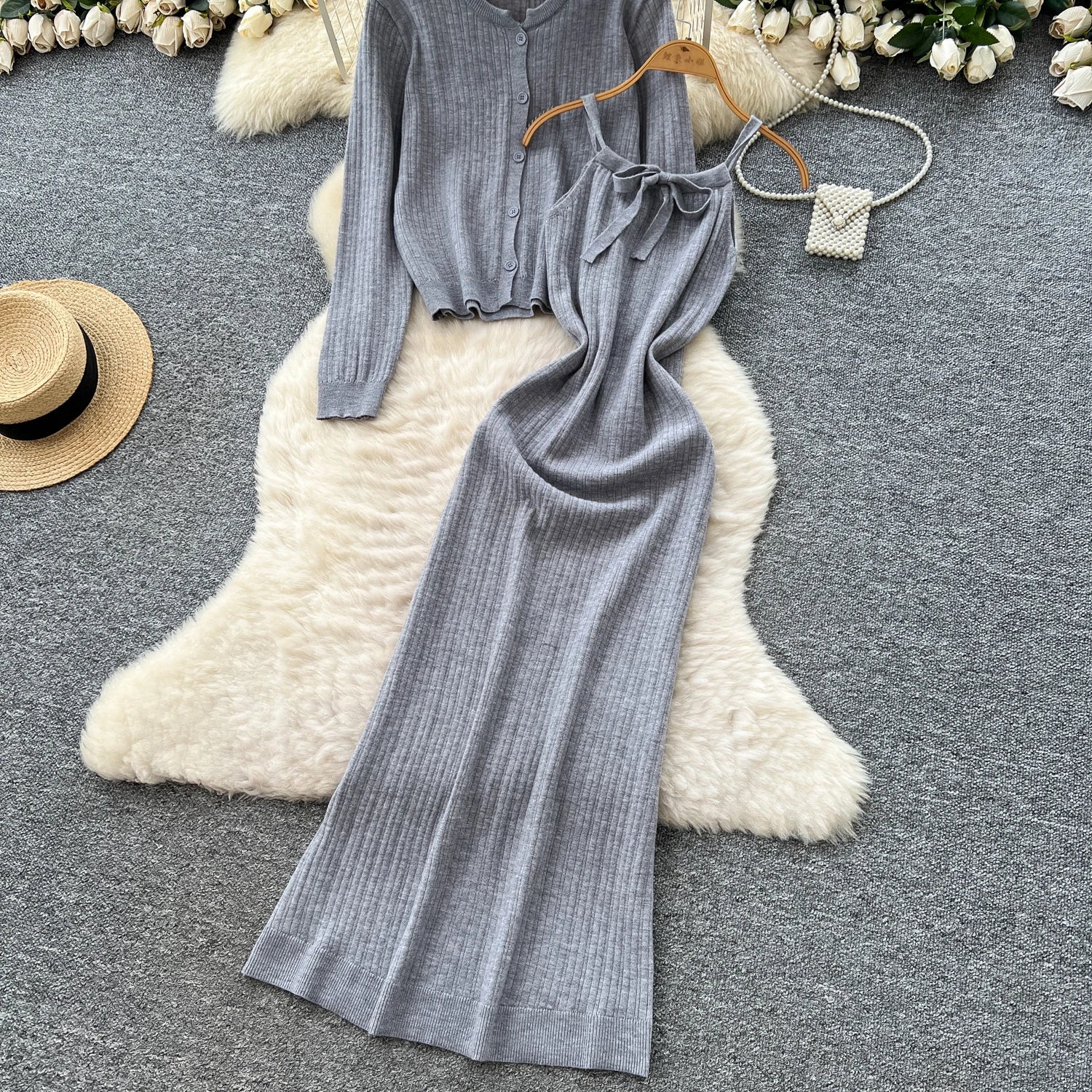 Elegant Long Sleeve Single Breasted Tops+Sleeveless Strap Bodycon Dress Knit Solid Sweater Sets