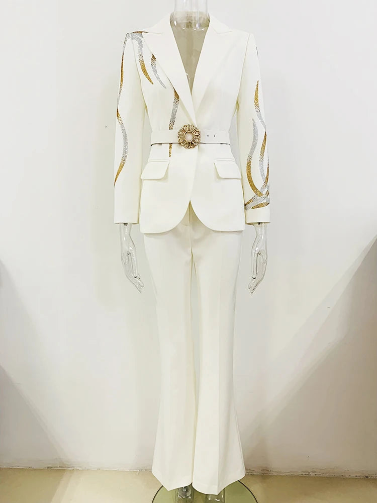 HIGH STREET Runway Diamonds Belted Blazer Flare Trousers Two Piece Set