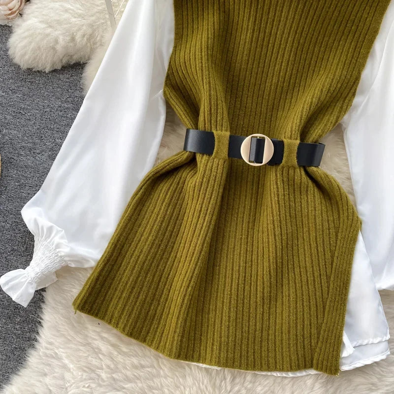 Luxury Style Loose-fit Long Sleeve White Shirt Side Slit Knit Vest 2-piece Set