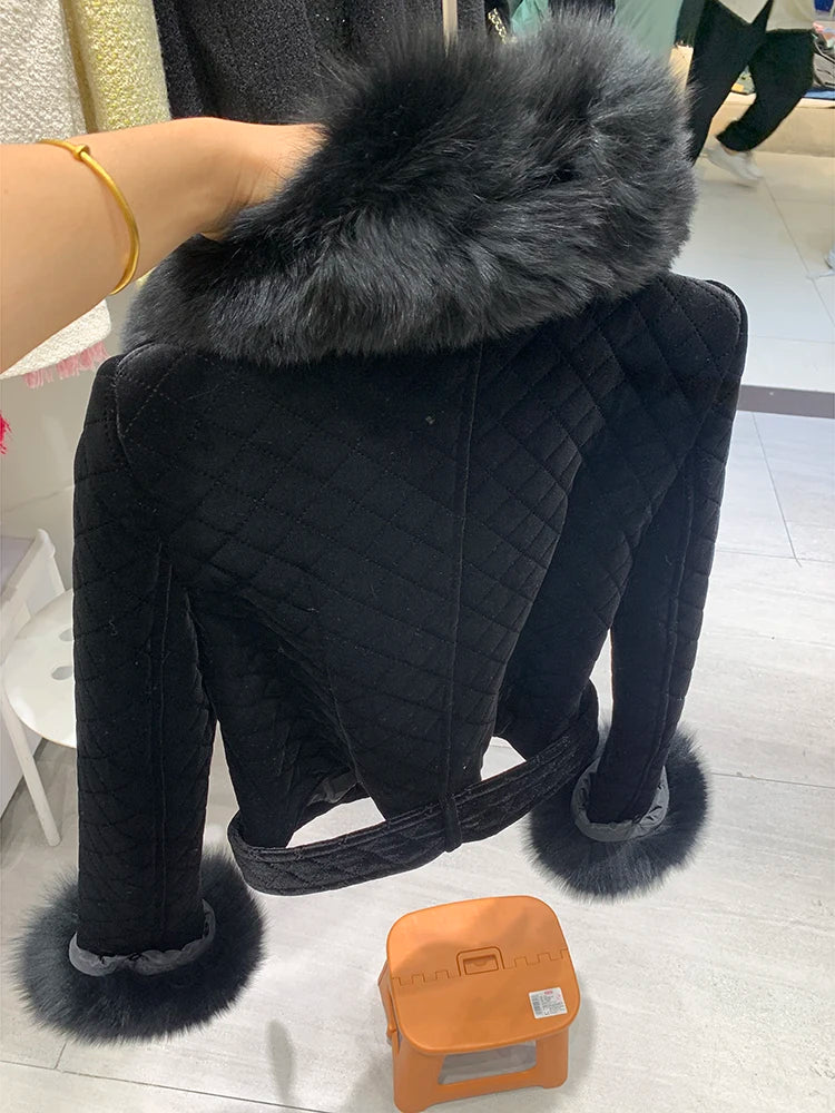 High Street Fashion Fox Fur Collar Detachable Velvet Motorcycle Jacket