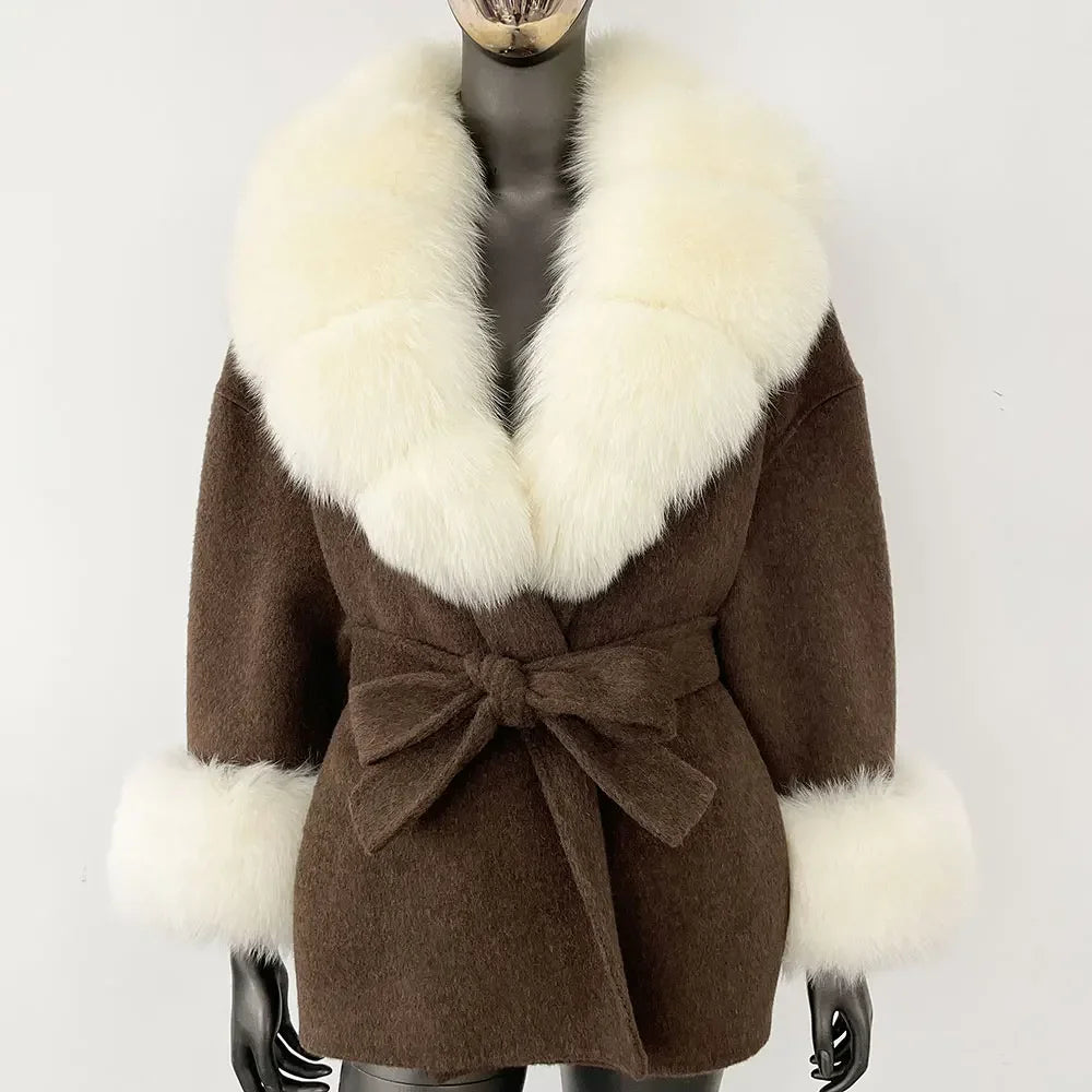 Winter Loose Outerwear Casual Natural Real Raccoon Fox Fur Blends Wool Coat