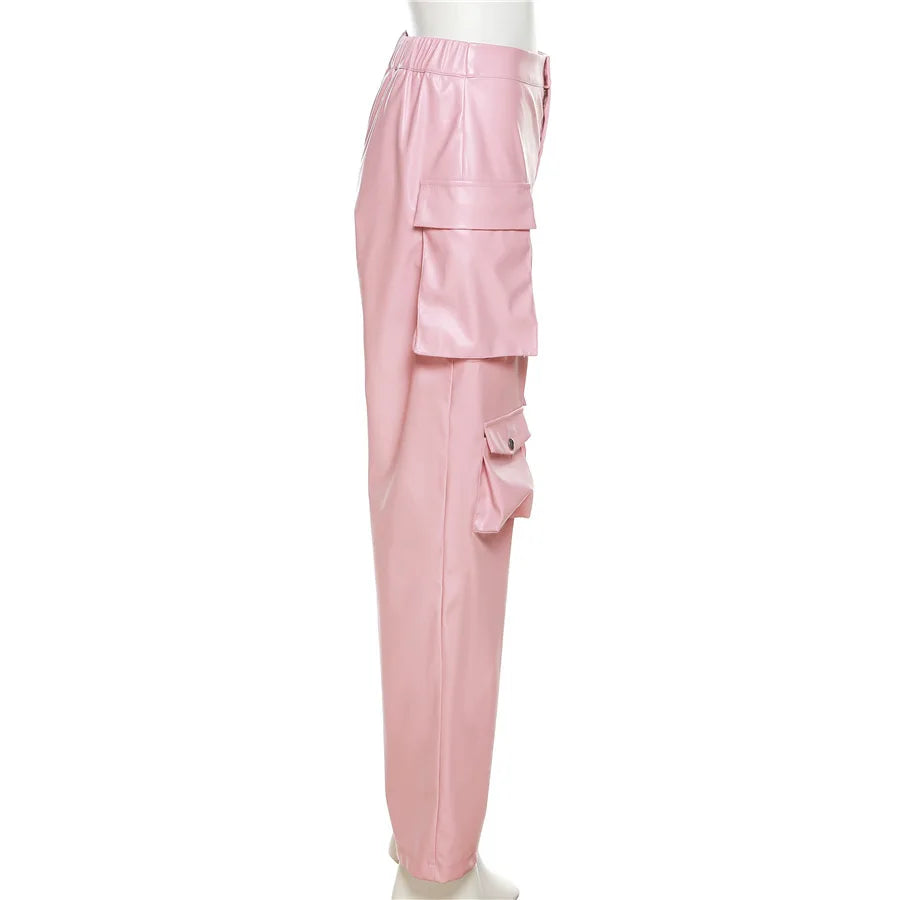 Pink Cargo Straight Leg Solid Multi-Pocket Design High Waist Pu Leather Loose Baggy Pants