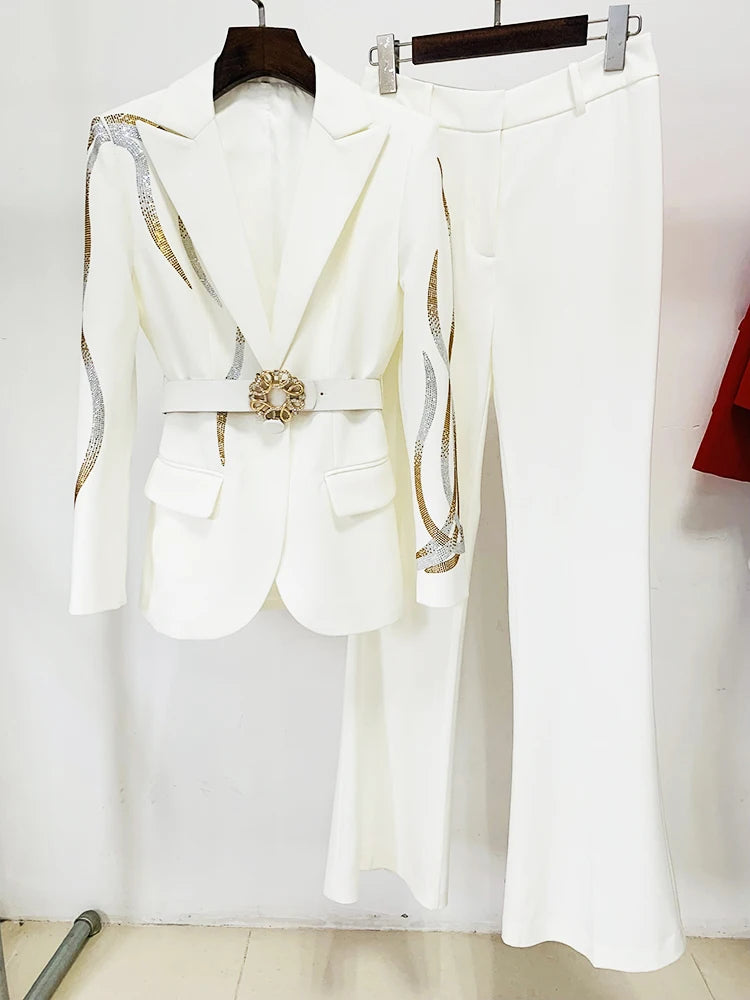 HIGH STREET Runway Diamonds Belted Blazer Flare Trousers Two Piece Set