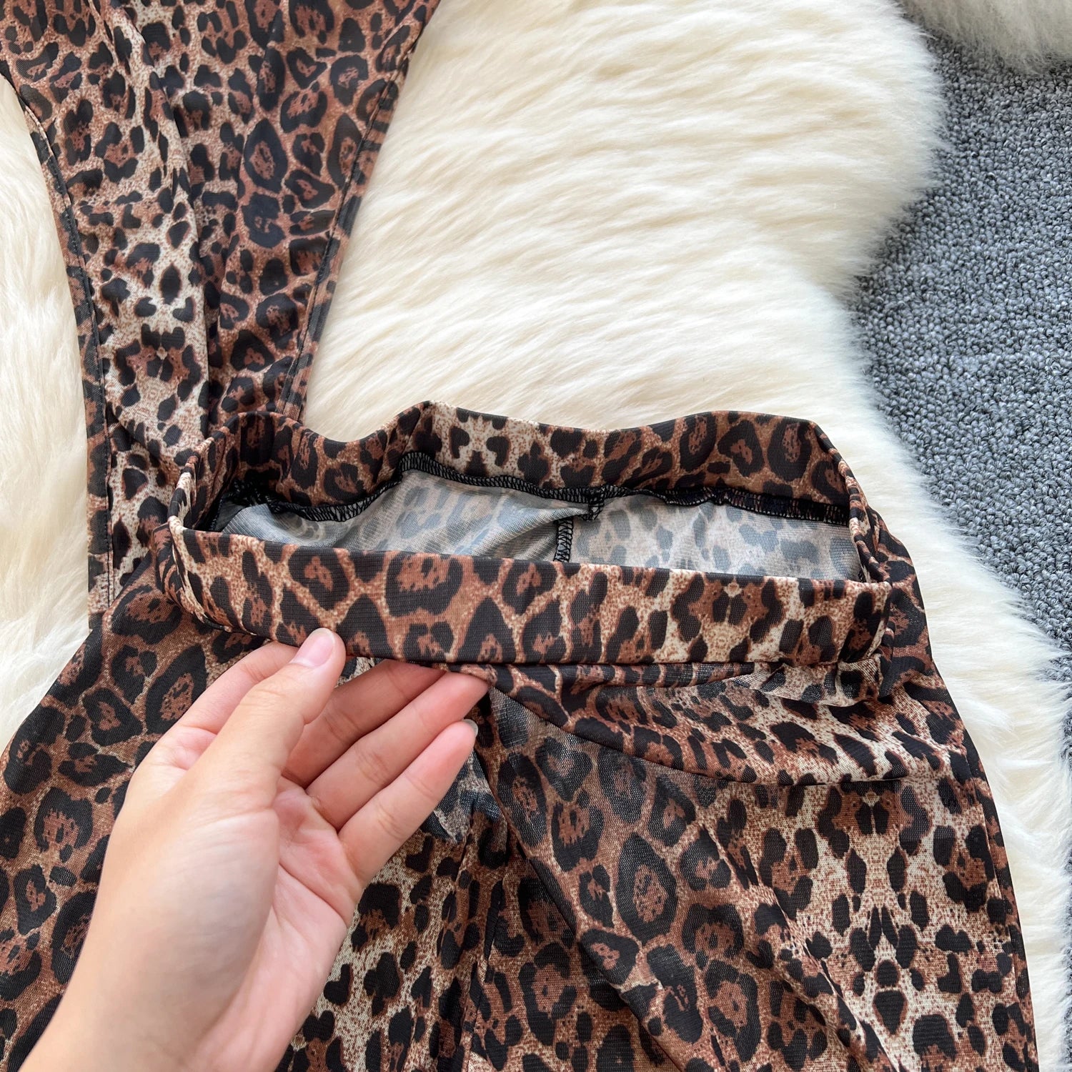 Leopard Strap Tops+Elastic Waist Flared Pants Set