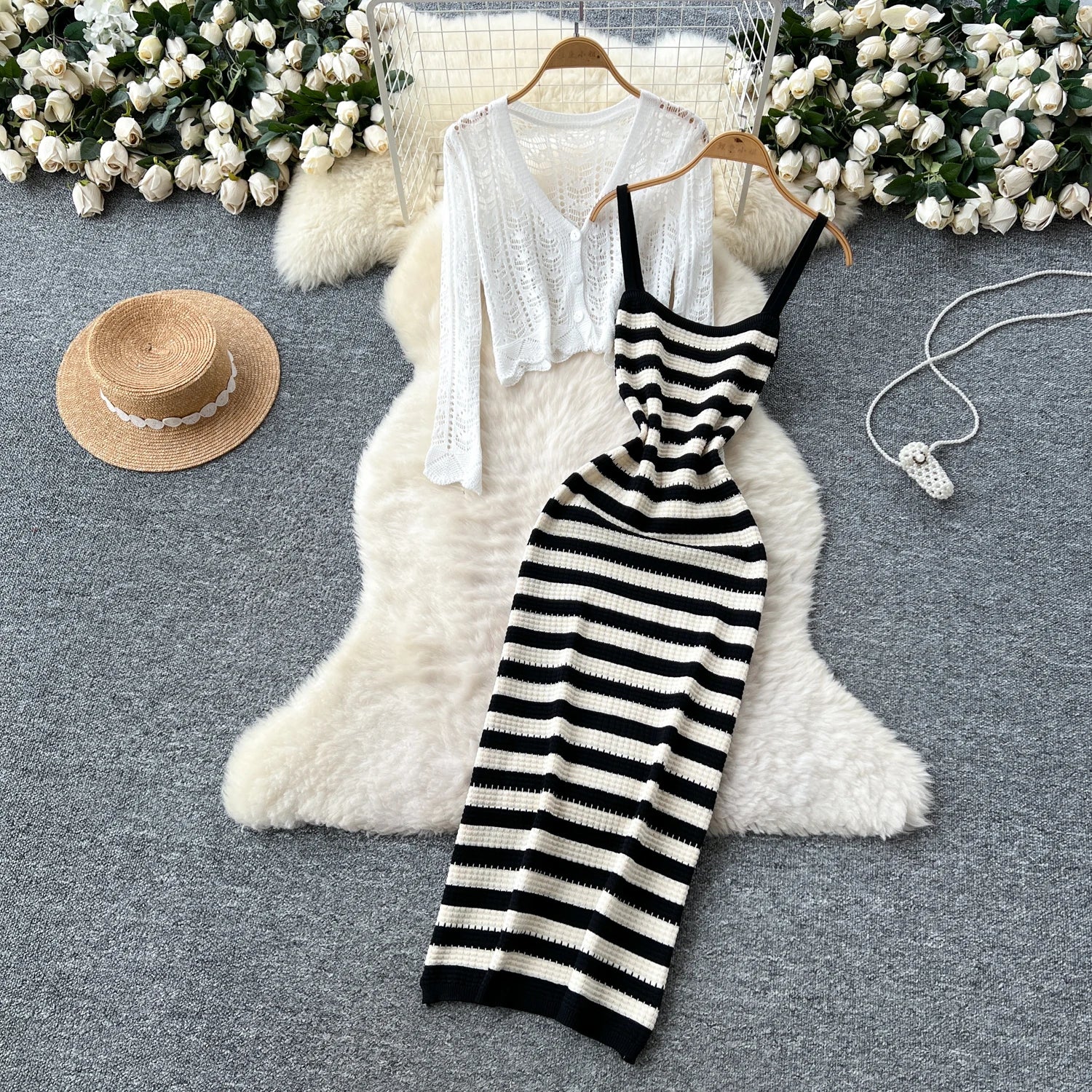 Two piece set Hook flower hollow striped Two Piece Set