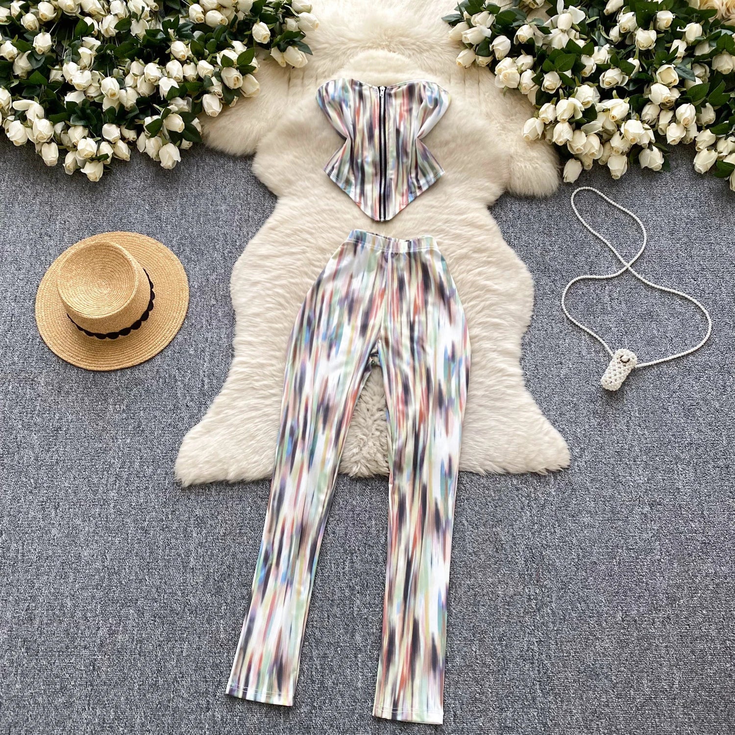 Two Piece Sets Strapless Zipper Tops+Bodycon Long Pants Suits