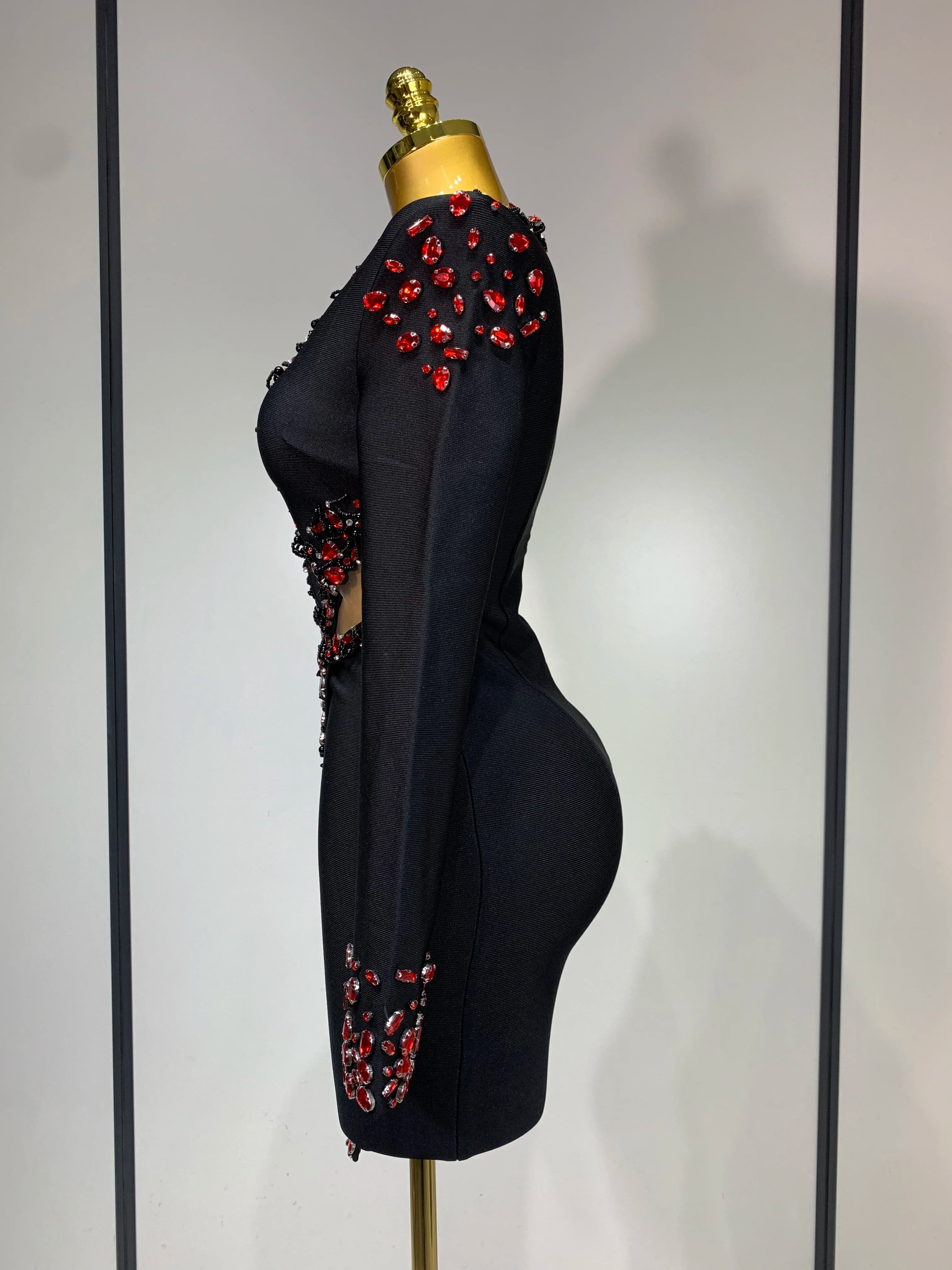 Luxury Long Sleeve V Neck Rhinestone Bandage Dress