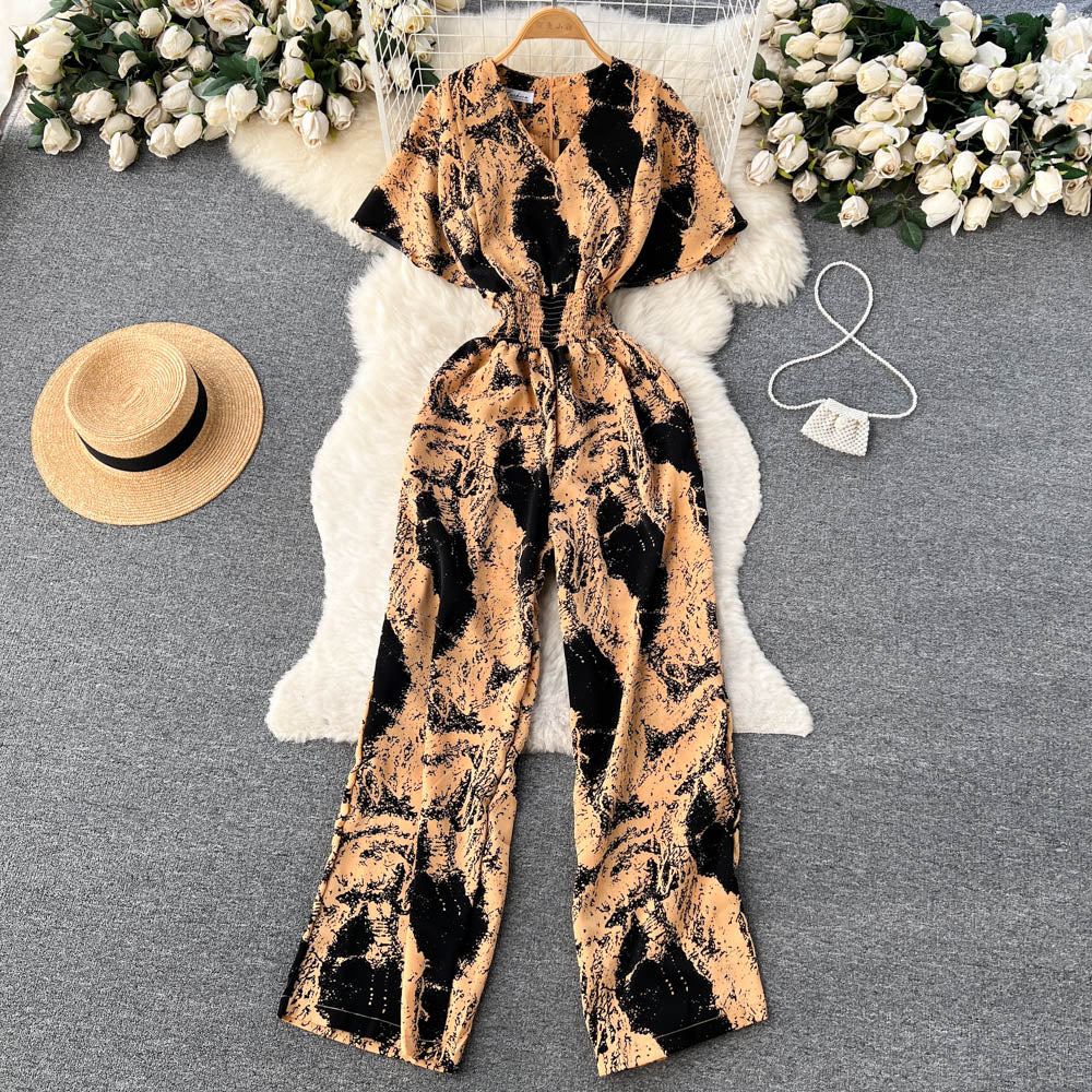 Floral V Neck Jumpsuits Retro Long Rompers