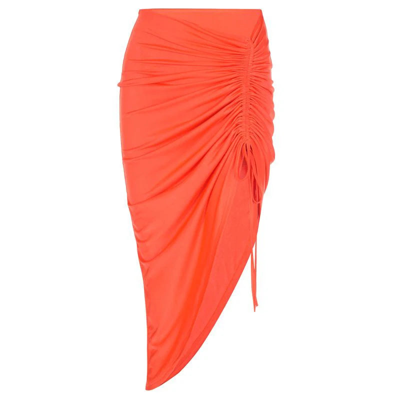 Draped Drawstring Sheath Bodycon Skirts High Split Irregular Shirring Skirt