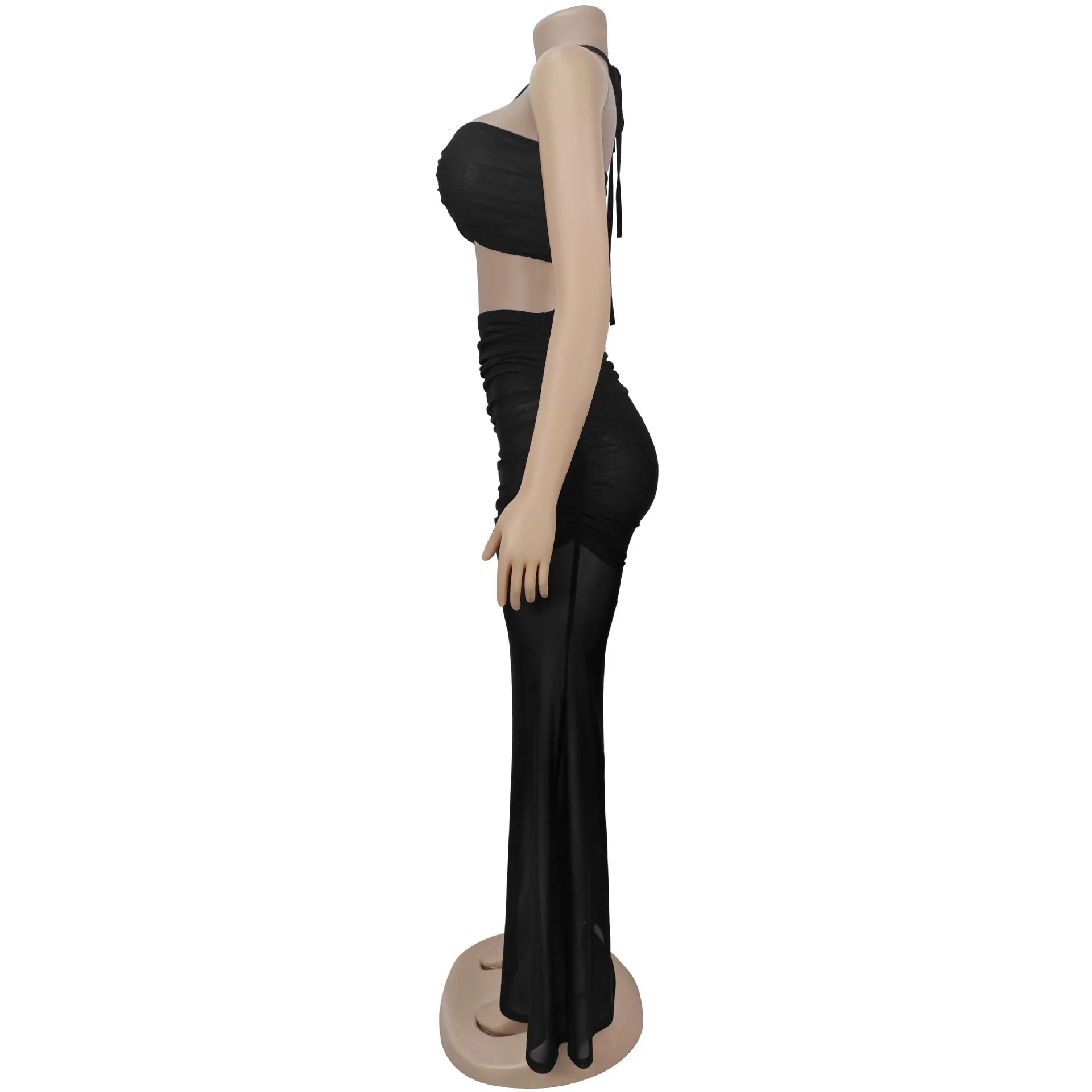 Crop Tops and Stacked Ruched Midi Maxi Skirts Two Piece Set