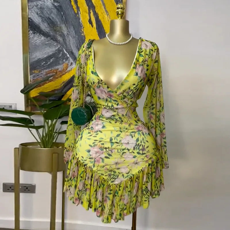 Floral Printed Long Sleeve V-neck Ruffles Mini Dress