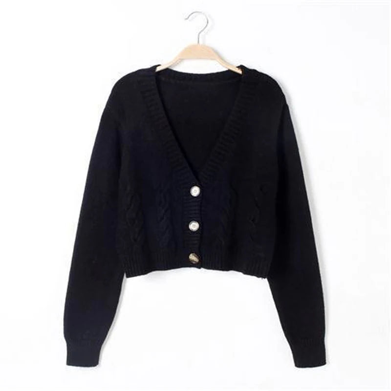 Autumn Winter Short Cardigan Breasted High Waist  Knitted Tops