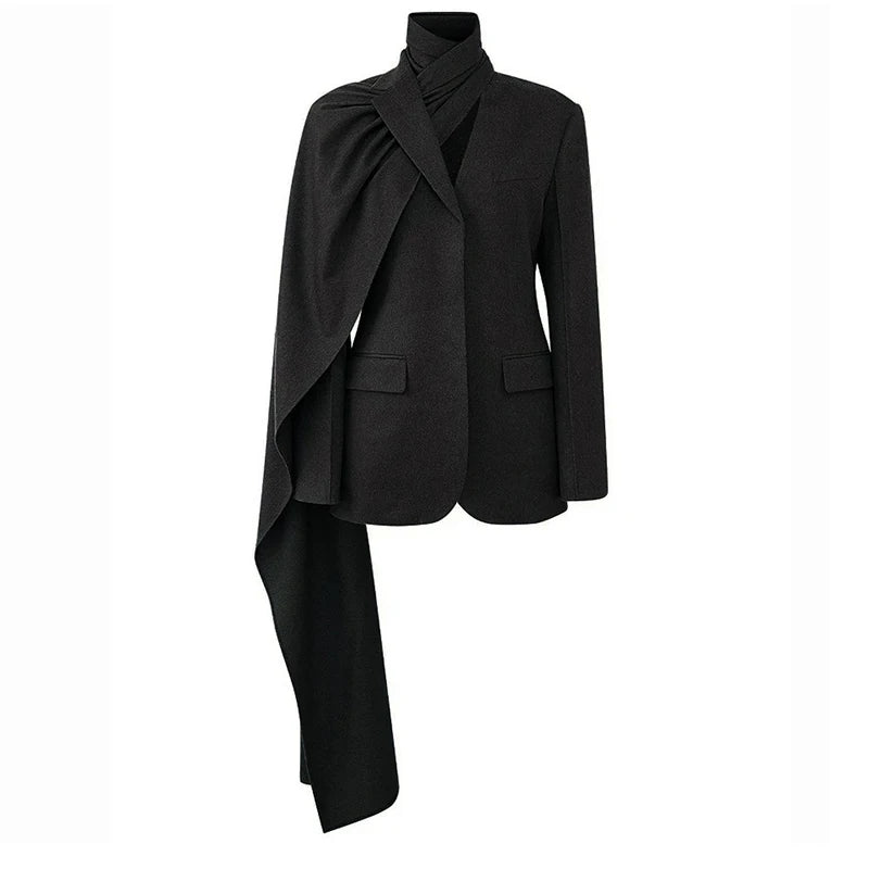Irregular Scarf Elegant Blazer Lapel Long Sleeve Loose Jacket