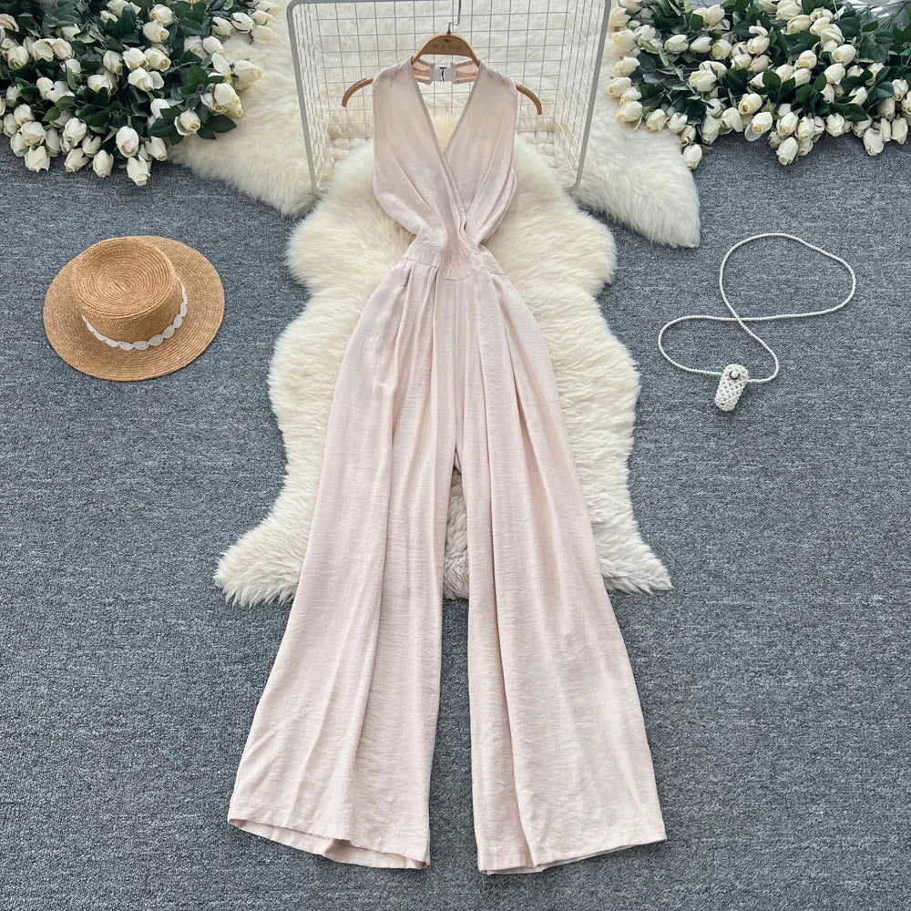 Backless Halter Lace Up Draped Chic Jumpsuit