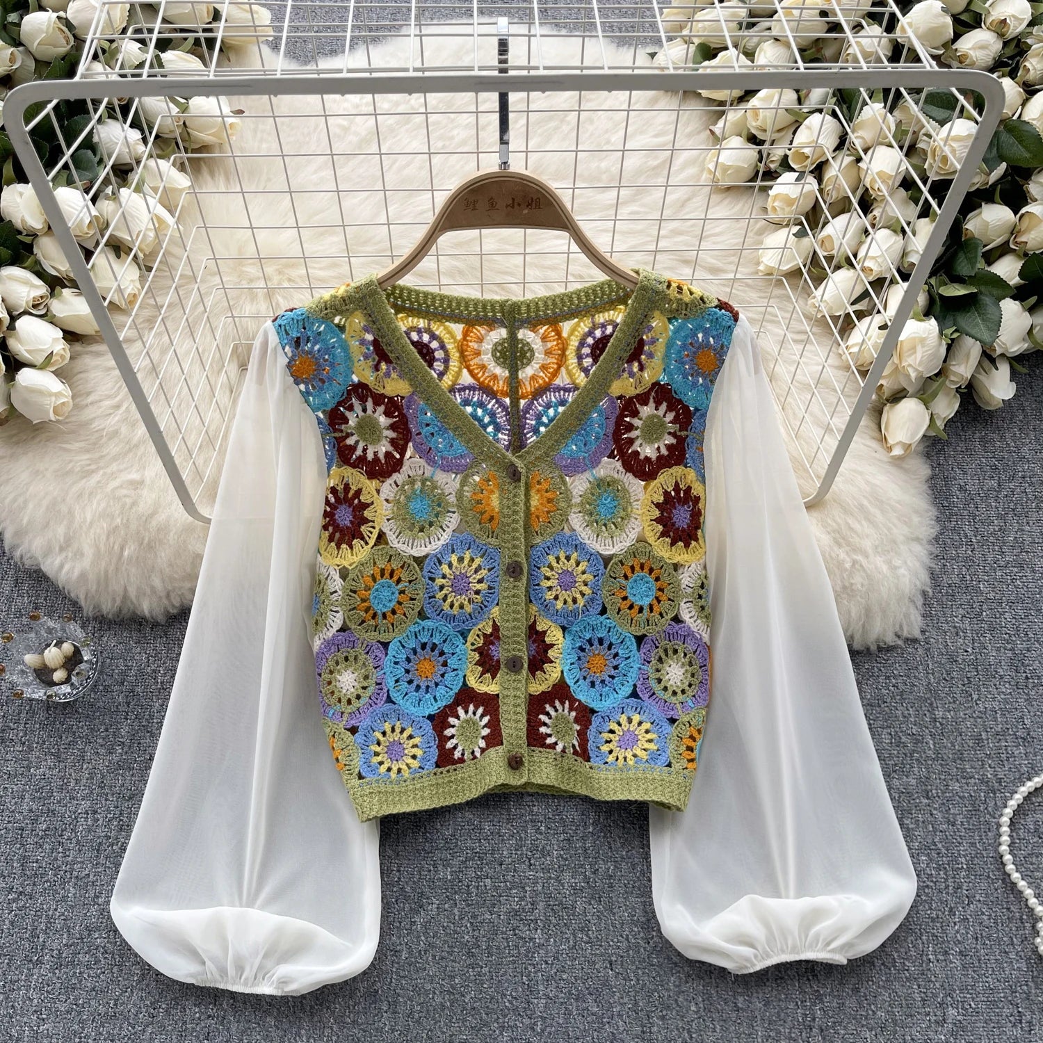 Knitting Crochet  Hollow Out Long Lantern Sleeve Blouse