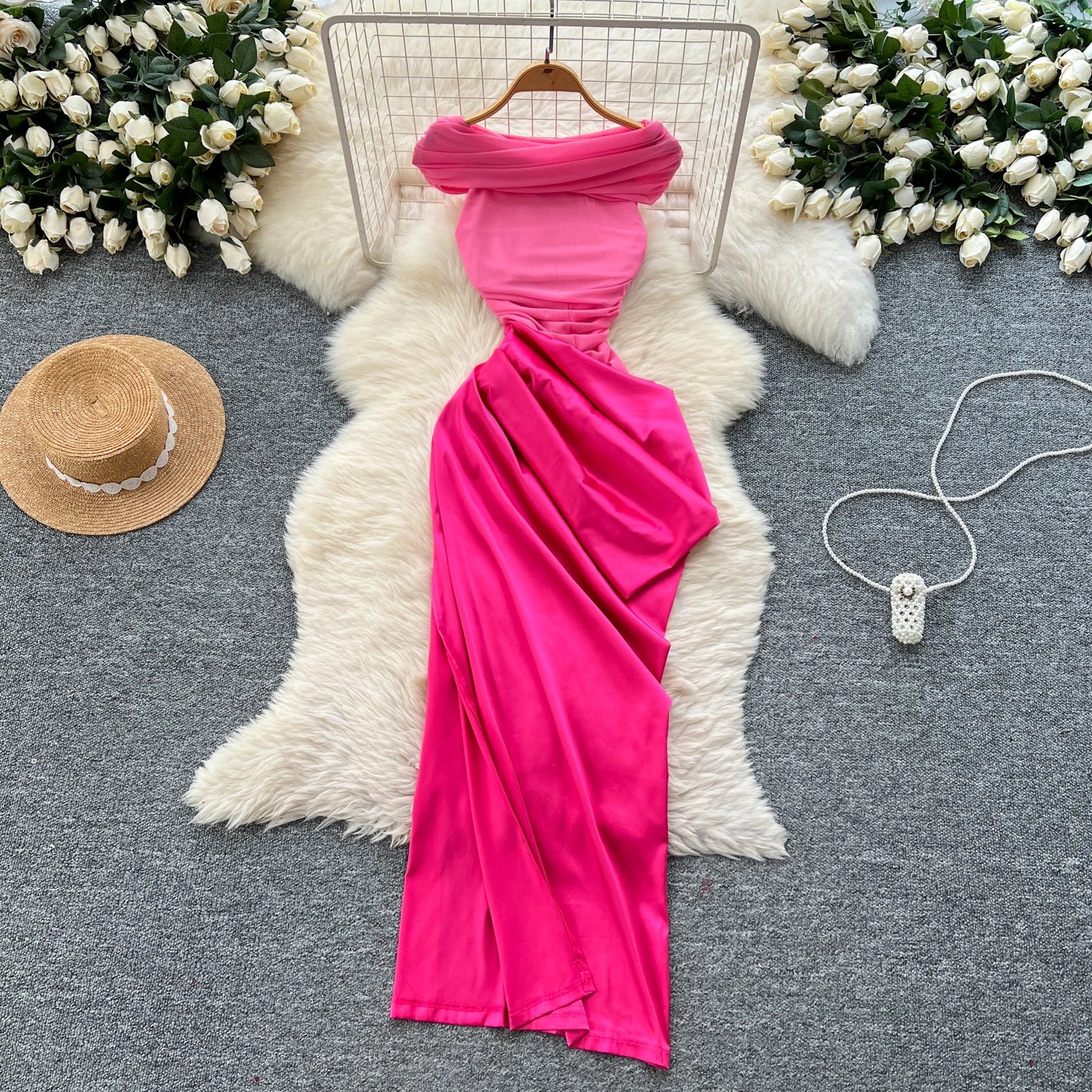 Chic Satin Splice Pleated Slim Split Long Sundress