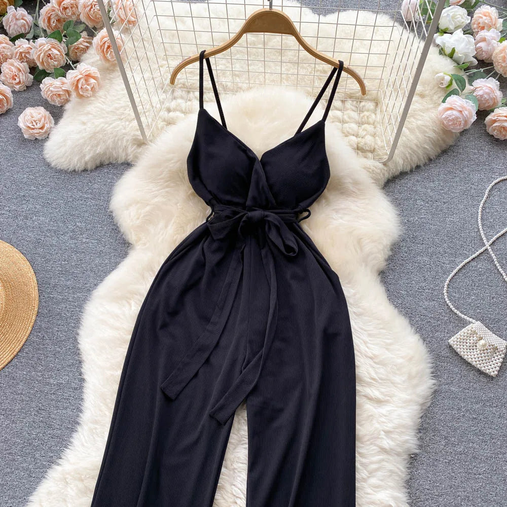 V Neck Casual Bow Fashion Strap Knitted Backless Jumpsuits