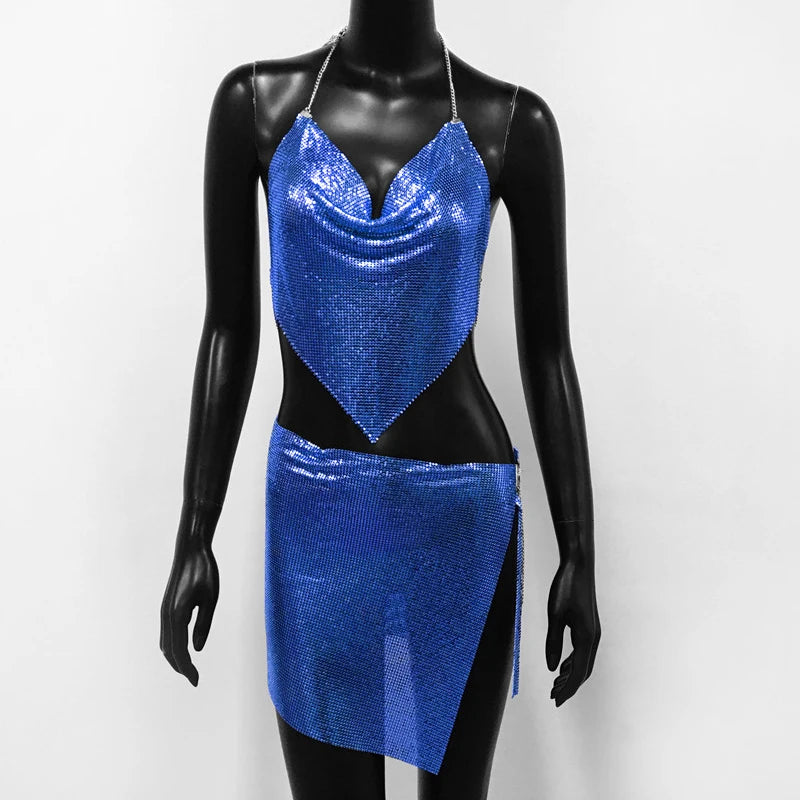 Metal Sequins 2 Piece Set Backless Halter Tank Tops Split Mini Skirts