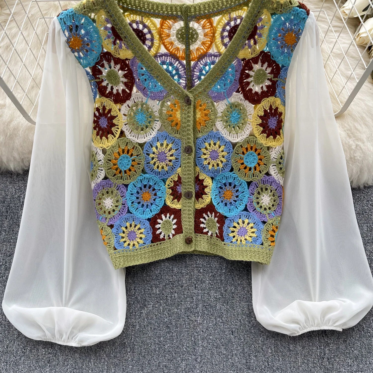 Knitting Crochet  Hollow Out Long Lantern Sleeve Blouse