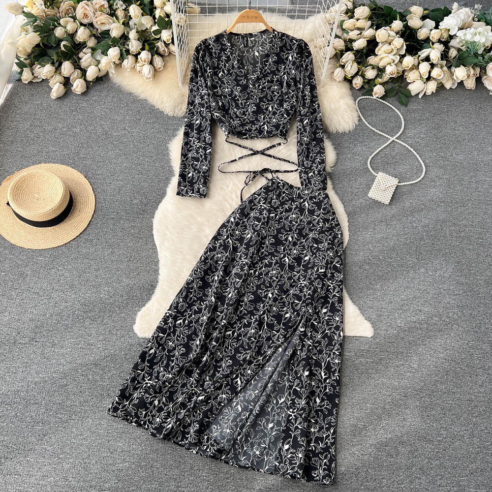 Chiffon Two Pieces Suits Lace Up Top+ Split Long Skirt Sets