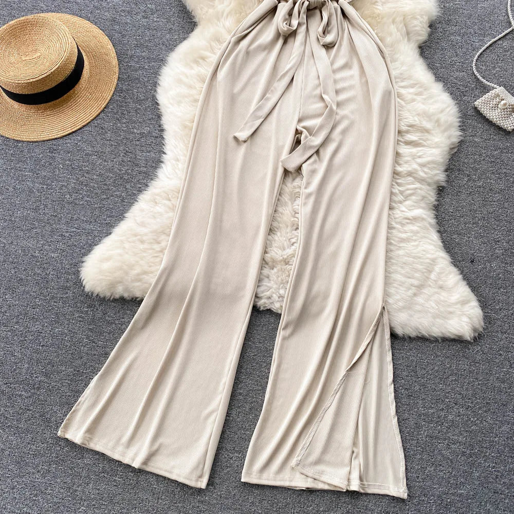 V Neck Casual Bow Fashion Strap Knitted Backless Jumpsuits