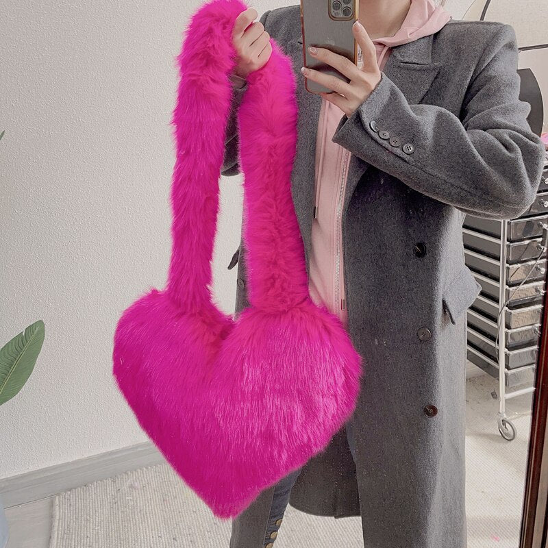 Faux Fur Heart Shape Oversized Tote Bags