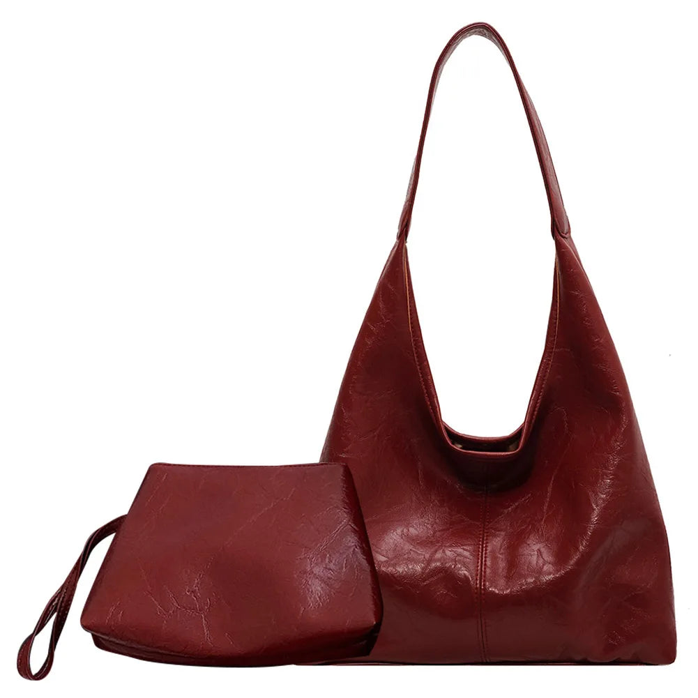 Leather Soft Underarm Casual Hobo Clutch 2pcs Shoulder Bag