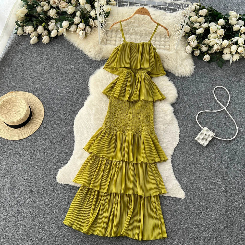 Ruffles Pleated Strapless Sleeveless Slim Dress