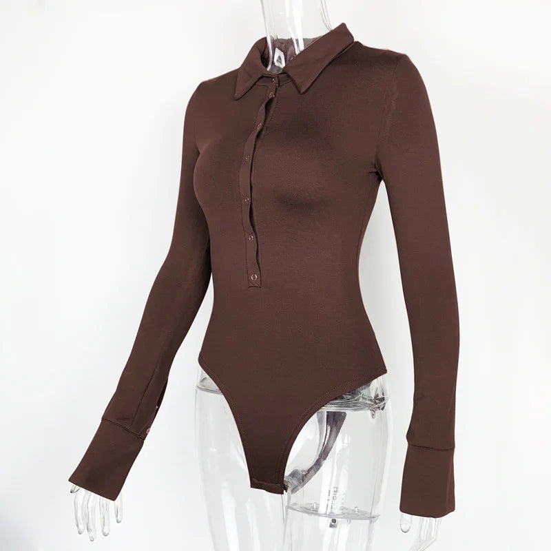 Slim Long Sleeve Velvet Flip Collar One-piece Bodysuit