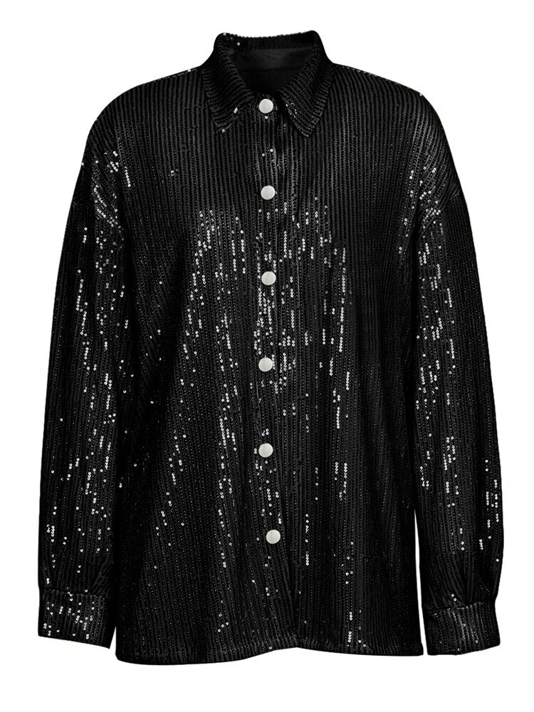 Sparkly Two-piece Set Sequin Top Blouse Shirt And Pants Suit