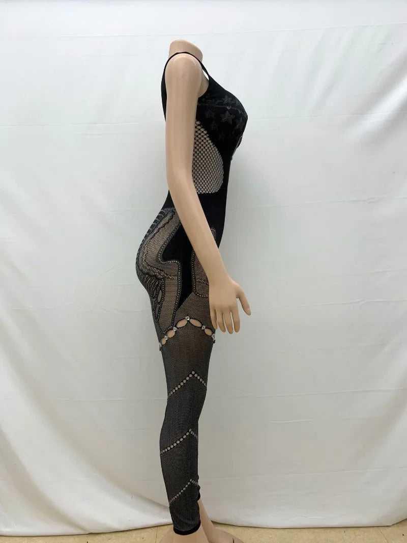 Hollow Out Rhinestones Patchwork Jumpsuit