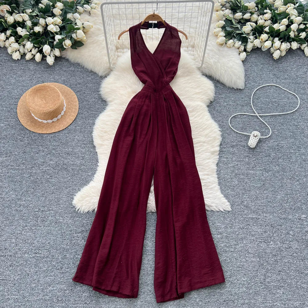 Backless Halter Lace Up Draped Chic Jumpsuit