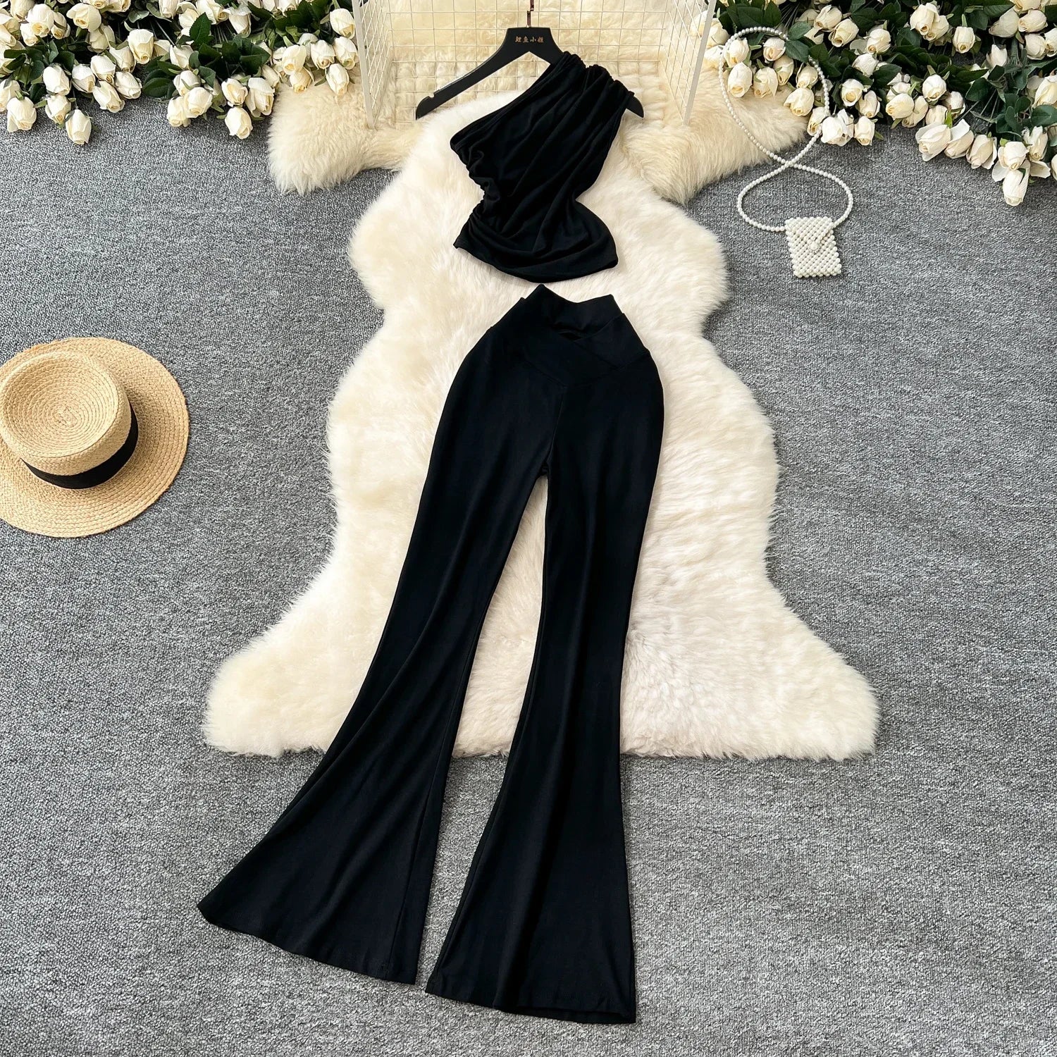 Chic Vintage Diagonal Collar Sleeveless Pleated Top and High Waist Flare Pants Two Piece Set