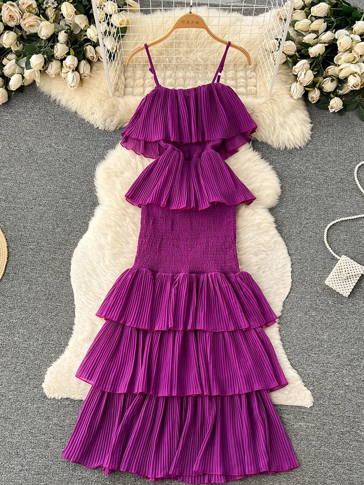 Ruffles Pleated Strapless Sleeveless Slim Dress