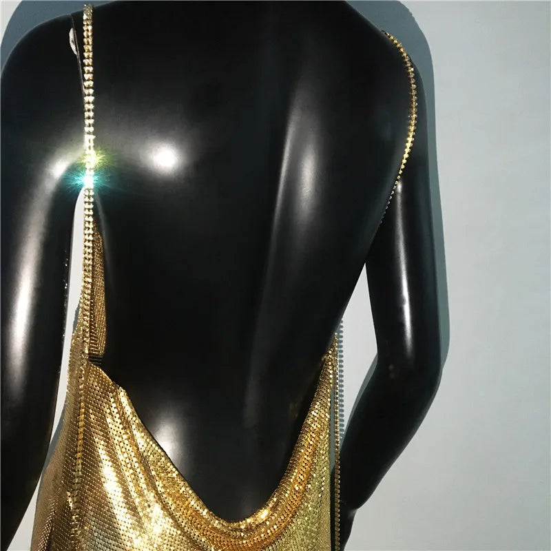 Backless Spaghetti Strap Metal Sequins Low Cut Dress