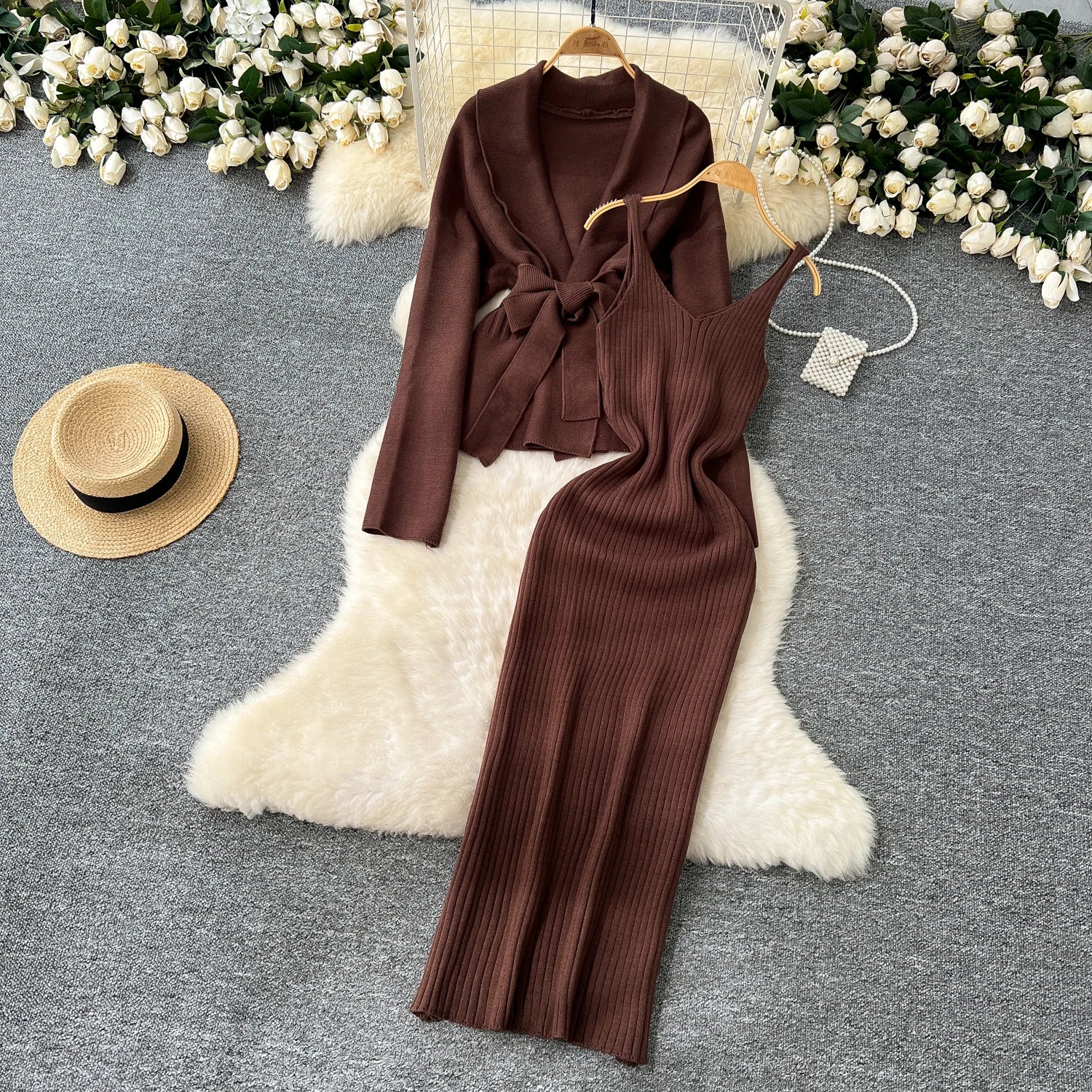 Lace Up Slim Cardigan+Sling Long Bodycon Solid Sweater Dress Two Piece Set