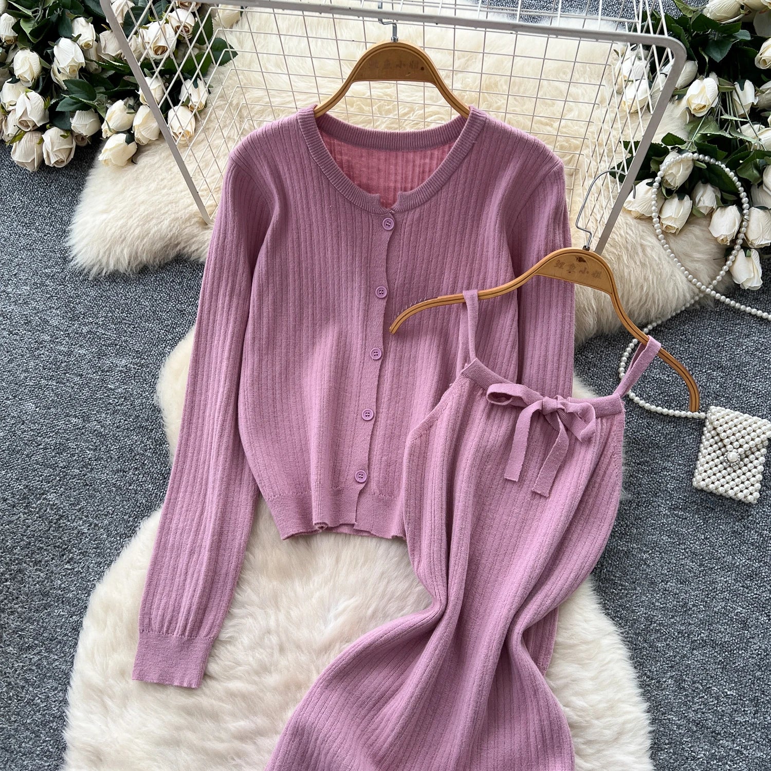 Elegant Long Sleeve Single Breasted Tops+Sleeveless Strap Bodycon Dress Knit Solid Sweater Sets