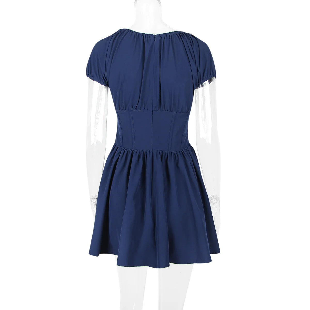 Short Sleeve Backless A-line Square Collar Pleated Mini Dress